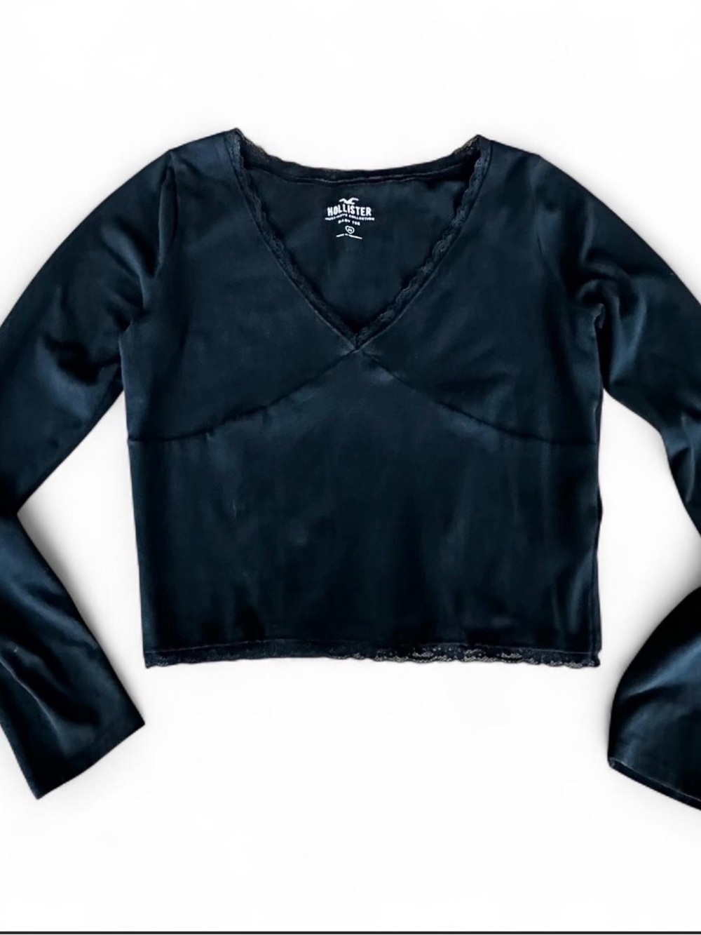 Hollister Black V-Neck Long Sleeve Top with Lace Trim
